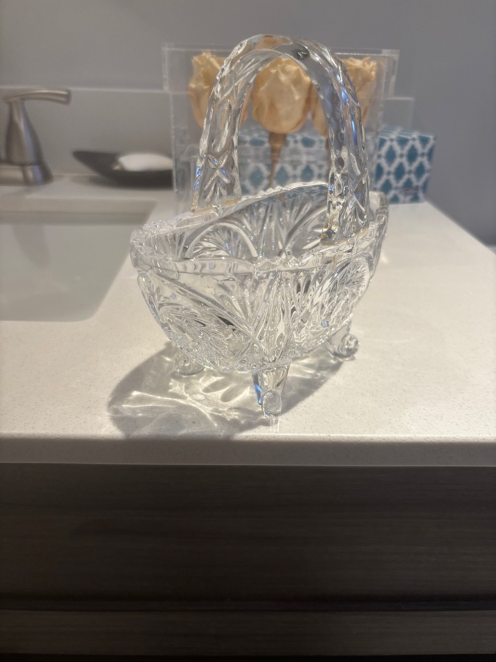 Pressed Glass Basket Dish with Decorative Handle